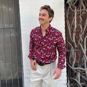 Denim and flower Navy & Red Ditsy Floral Woven Button Up Shirt Sz L